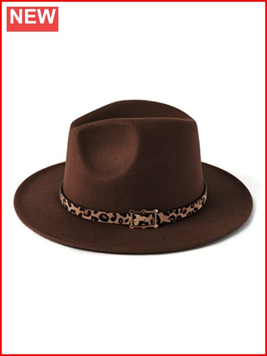 Women\'s Wide Brim Felt Fedora Panama Hat with Leopard Belt, Adjustable Cotton main image 6